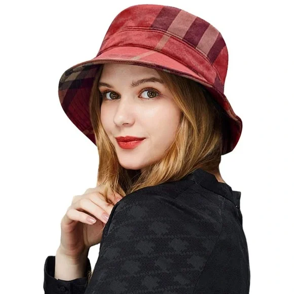 Accessories Velvet Soft Dark Red Plaid Tartan Bucket Hats